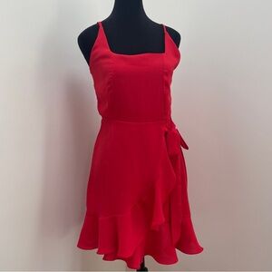 Red Sleeveless Mini Dress with Self Tie and Lettuce Trim Detail Size Small